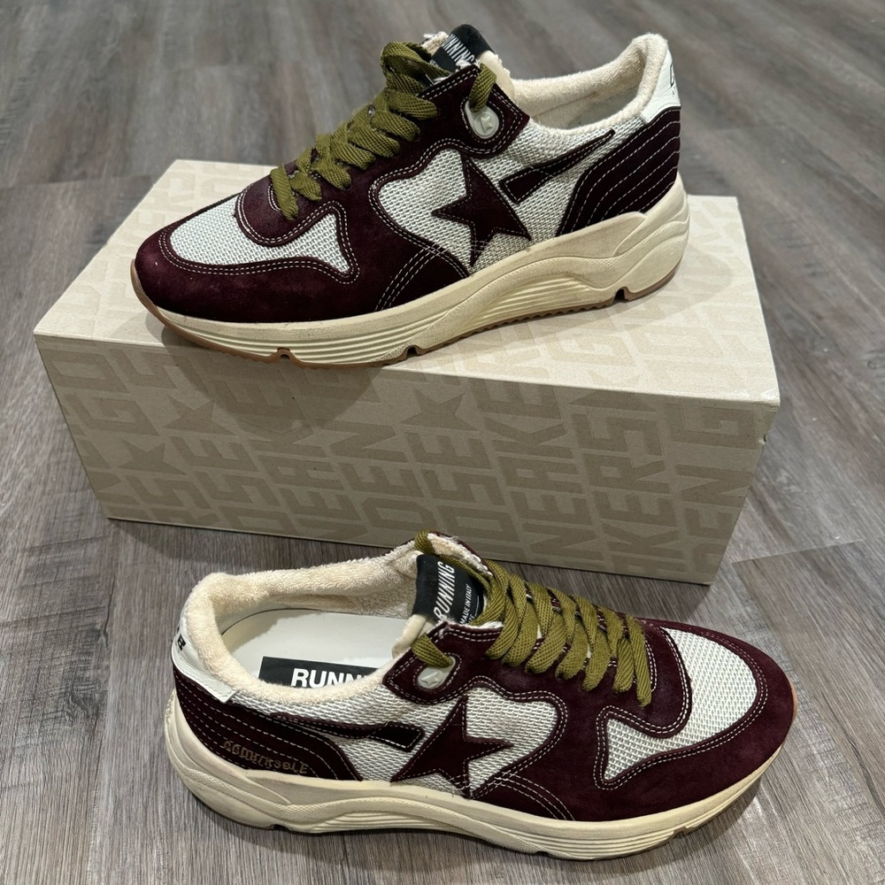 Golden Goose Running Sole Net Upper Shiny Suede Star Red Wine Silver Sneakers